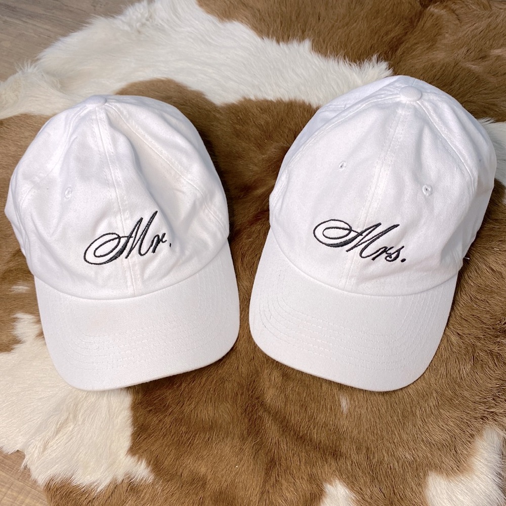 Mr. and Mrs. White Matching Baseball Hat Set Black Script Font Husband and Wife